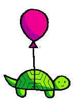 smiling turtle floating via a baloon attached to its back